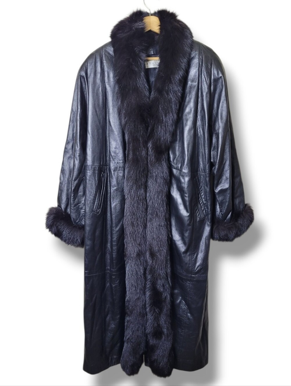 Stavros New York Black Genuine Leather Coat Fox Fur